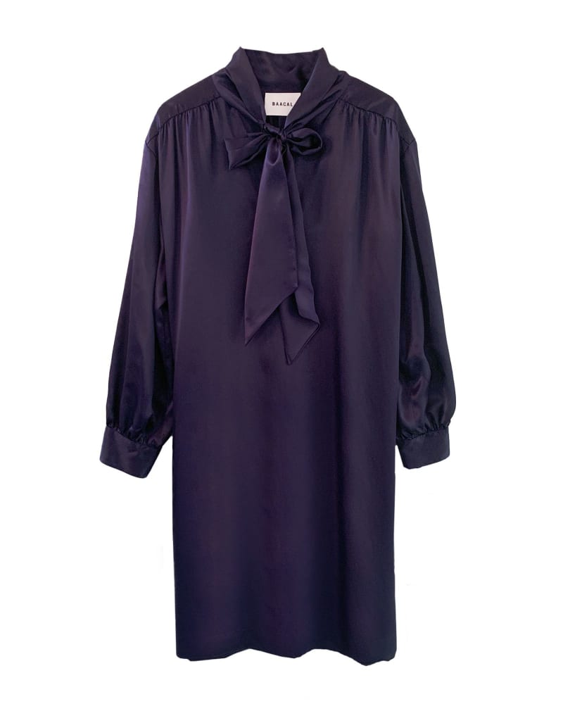 Front of a size 2 The Marion Tie Neck Dress in Eggplant in eggplant by BAACAL. | dia_product_style_image_id:323956